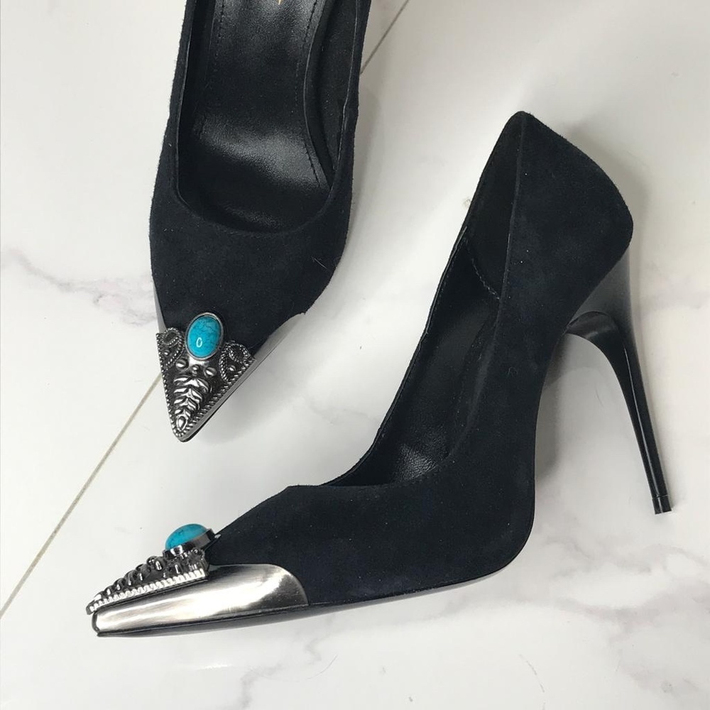Saint Laurent Black Suede Zoe Western Toe Cap Pumps High Heels Turquoise 37